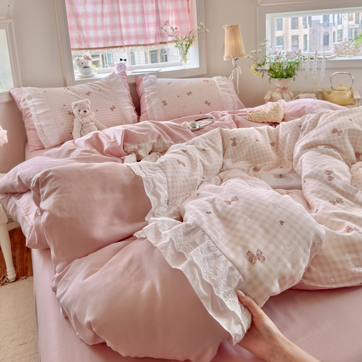 91家纺网 家纺一手货源 找家纺 锦彩家居 2026新款A类全棉纯棉双层纱韩式花边款小清新四件套INS小红书博主风提供买家秀 泡芙公主