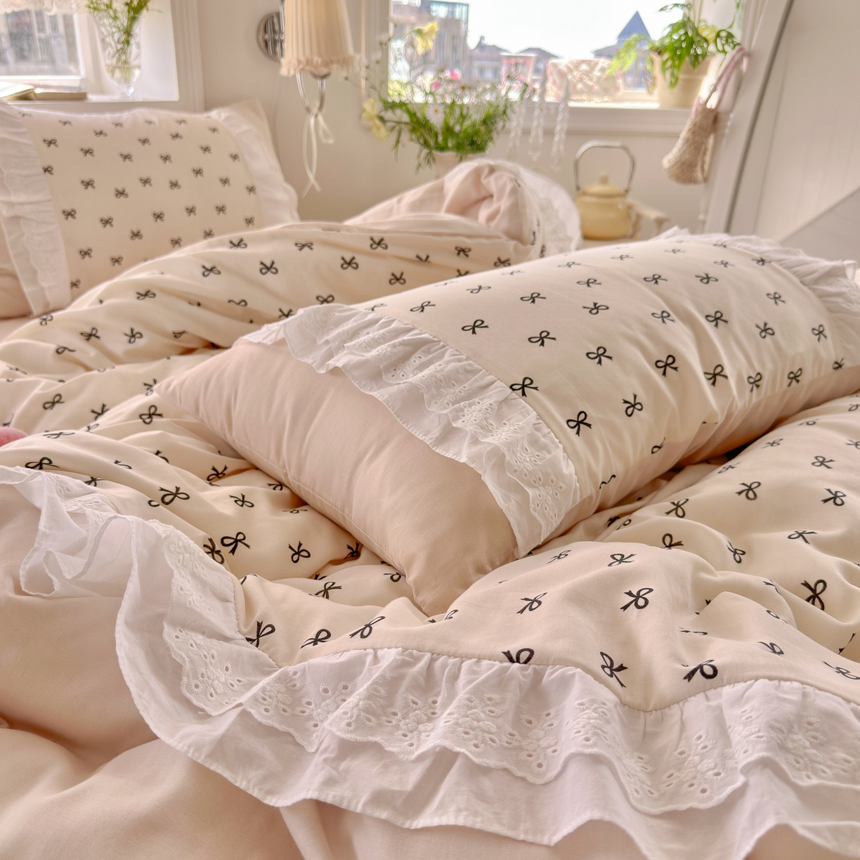 91家纺网 家纺一手货源 找家纺 锦彩家居 2026新款A类全棉纯棉双层纱韩式花边款小清新四件套INS小红书博主风提供买家秀 心宿寄语