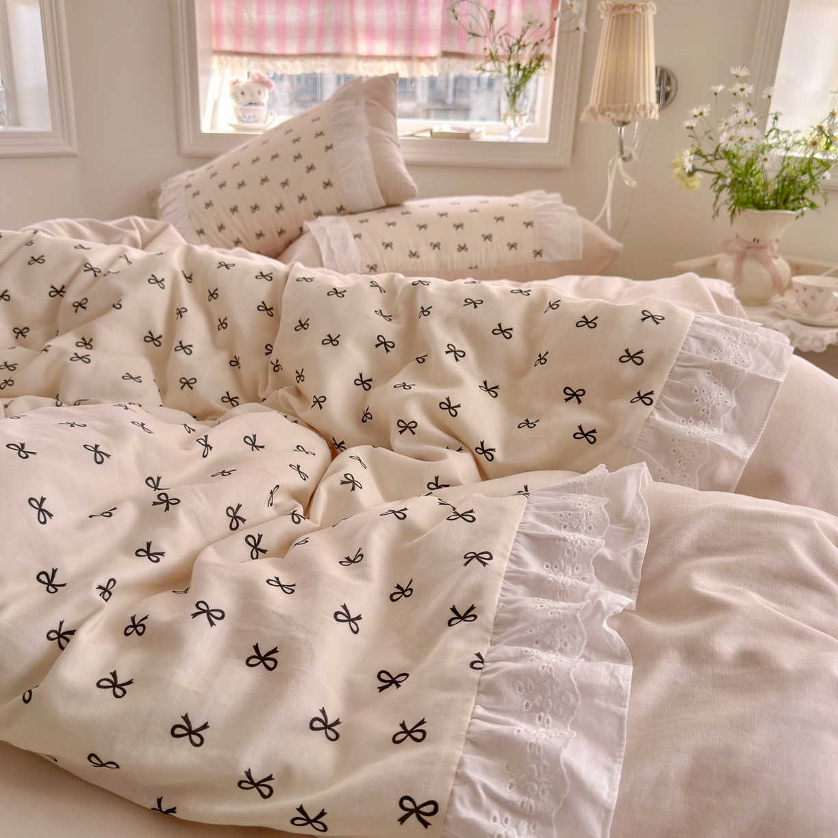 91家纺网 家纺一手货源 找家纺 锦彩家居 2026新款A类全棉纯棉双层纱韩式花边款小清新四件套INS小红书博主风提供买家秀 心宿寄语