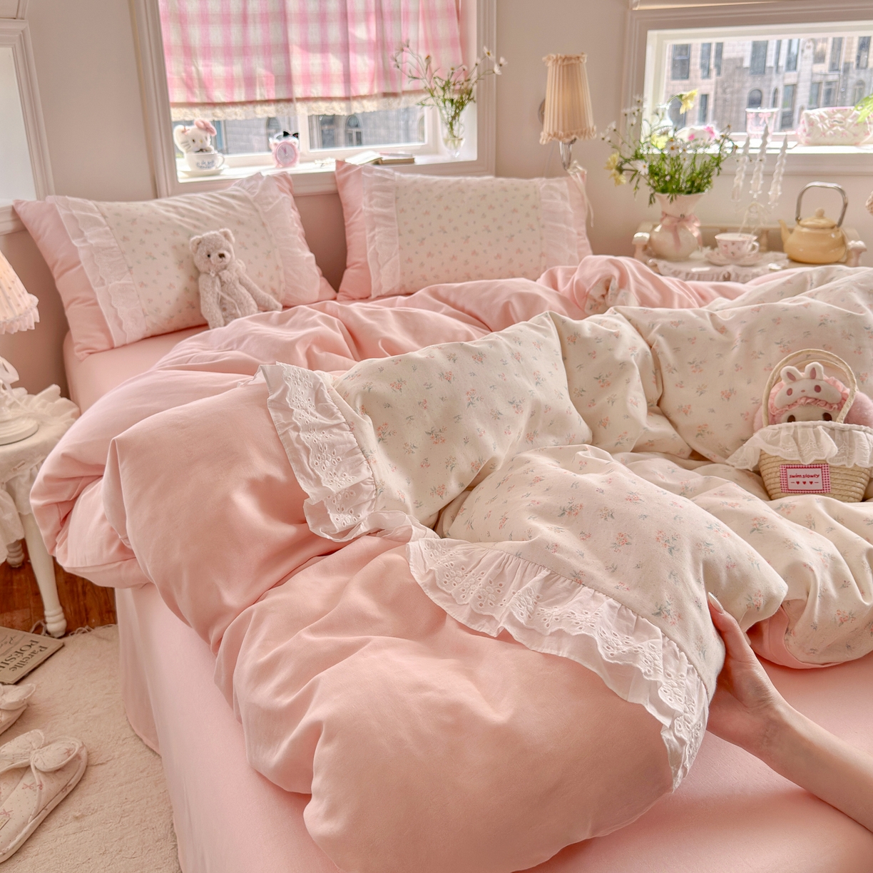 91家纺网 家纺一手货源 找家纺 锦彩家居 2026新款A类全棉纯棉双层纱韩式花边款小清新四件套INS小红书博主风提供买家秀 花漾浅梦