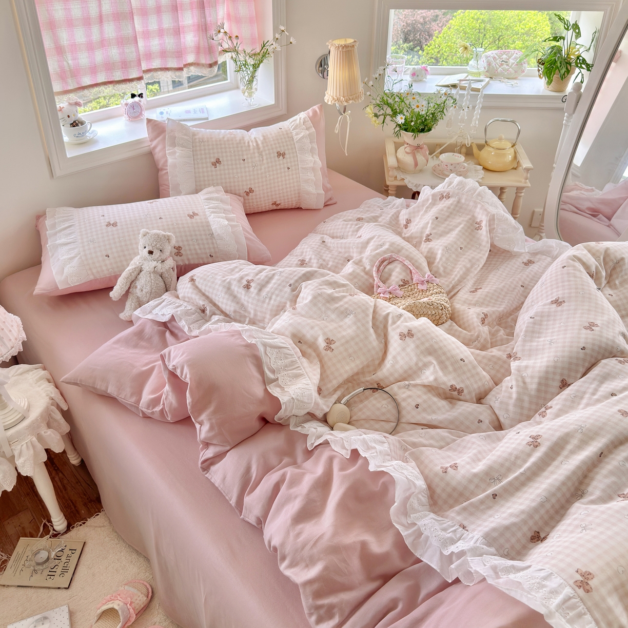 91家纺网 家纺一手货源 找家纺 锦彩家居 2026新款A类全棉纯棉双层纱韩式花边款小清新四件套INS小红书博主风提供买家秀 泡芙公主