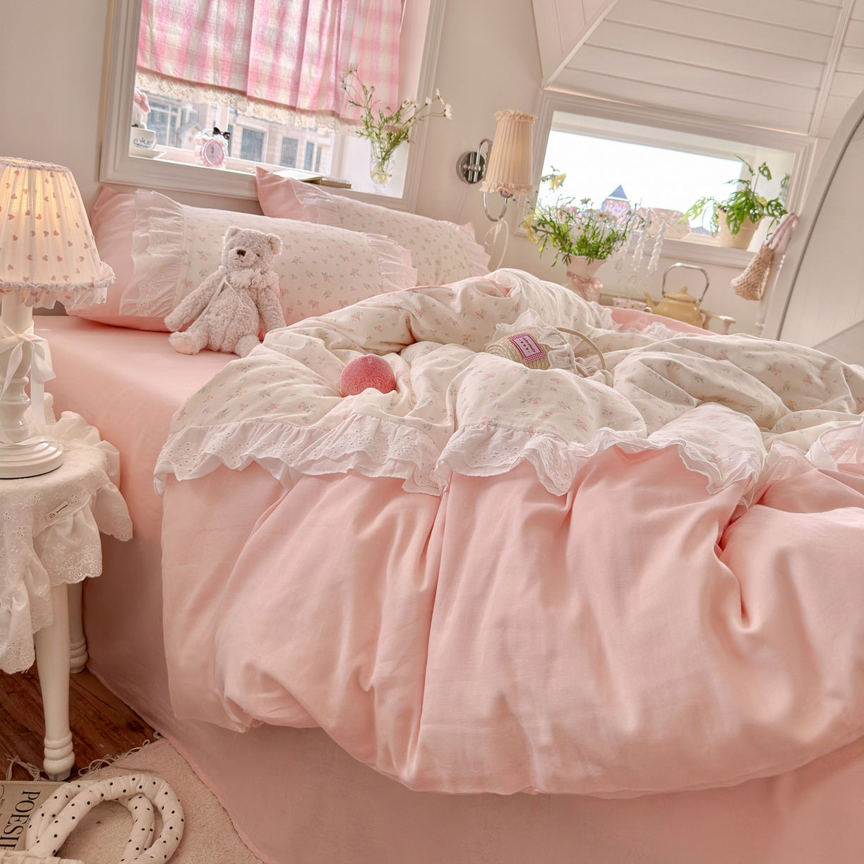 91家纺网 家纺一手货源 找家纺 锦彩家居 2026新款A类全棉纯棉双层纱韩式花边款小清新四件套INS小红书博主风提供买家秀 花漾浅梦