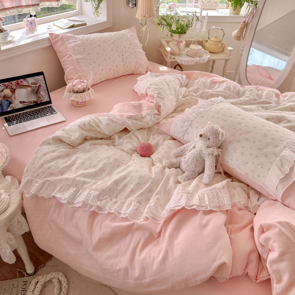 91家纺网 家纺一手货源 找家纺 锦彩家居 2026新款A类全棉纯棉双层纱韩式花边款小清新四件套INS小红书博主风提供买家秀 花漾浅梦