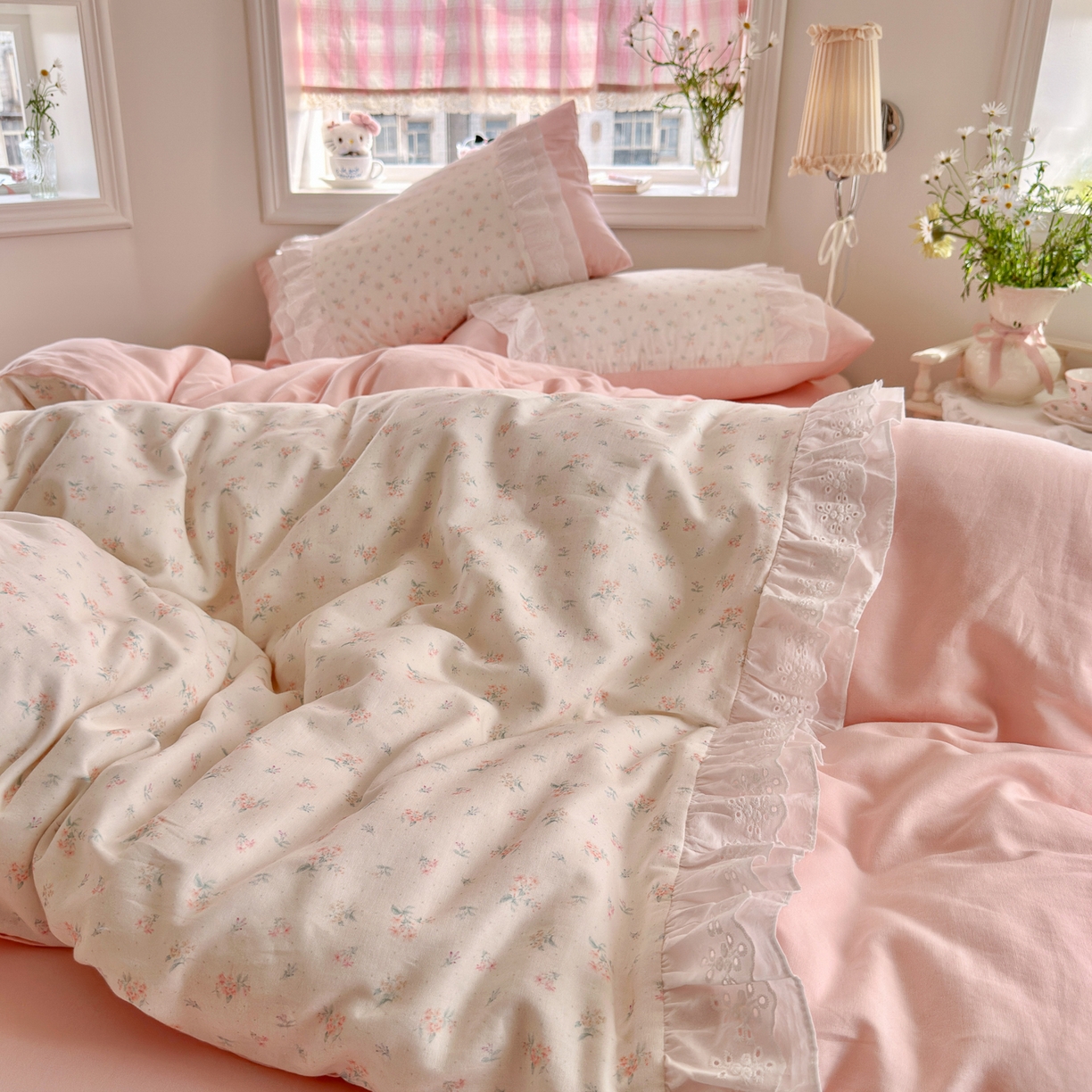 91家纺网 家纺一手货源 找家纺 锦彩家居 2026新款A类全棉纯棉双层纱韩式花边款小清新四件套INS小红书博主风提供买家秀 花漾浅梦