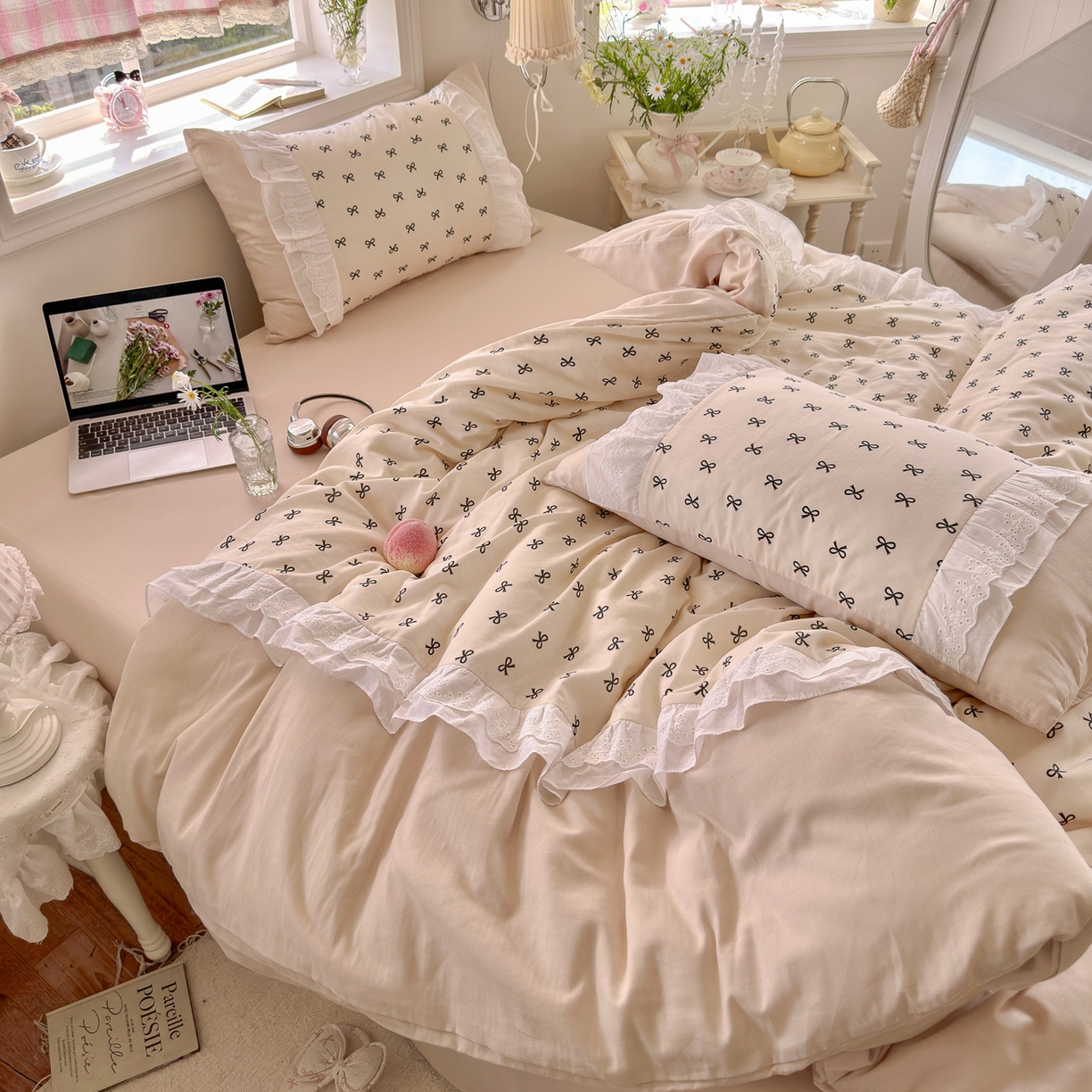 91家纺网 家纺一手货源 找家纺 锦彩家居 2026新款A类全棉纯棉双层纱韩式花边款小清新四件套INS小红书博主风提供买家秀 心宿寄语