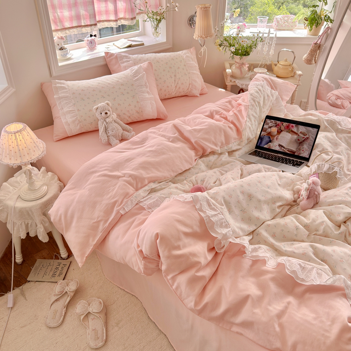 91家纺网 家纺一手货源 找家纺 锦彩家居 2026新款A类全棉纯棉双层纱韩式花边款小清新四件套INS小红书博主风提供买家秀 花漾浅梦