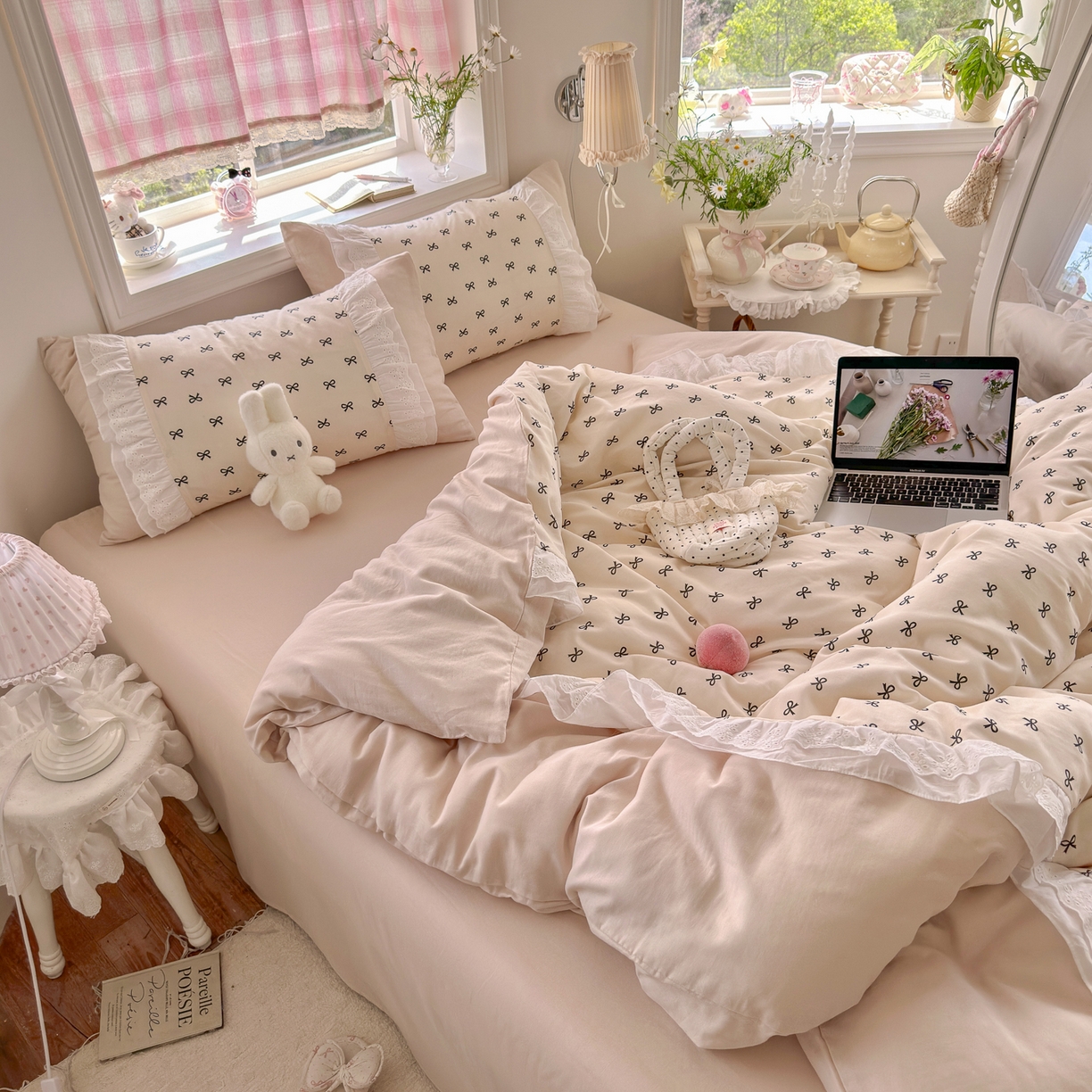 91家纺网 家纺一手货源 找家纺 锦彩家居 2026新款A类全棉纯棉双层纱韩式花边款小清新四件套INS小红书博主风提供买家秀 心宿寄语