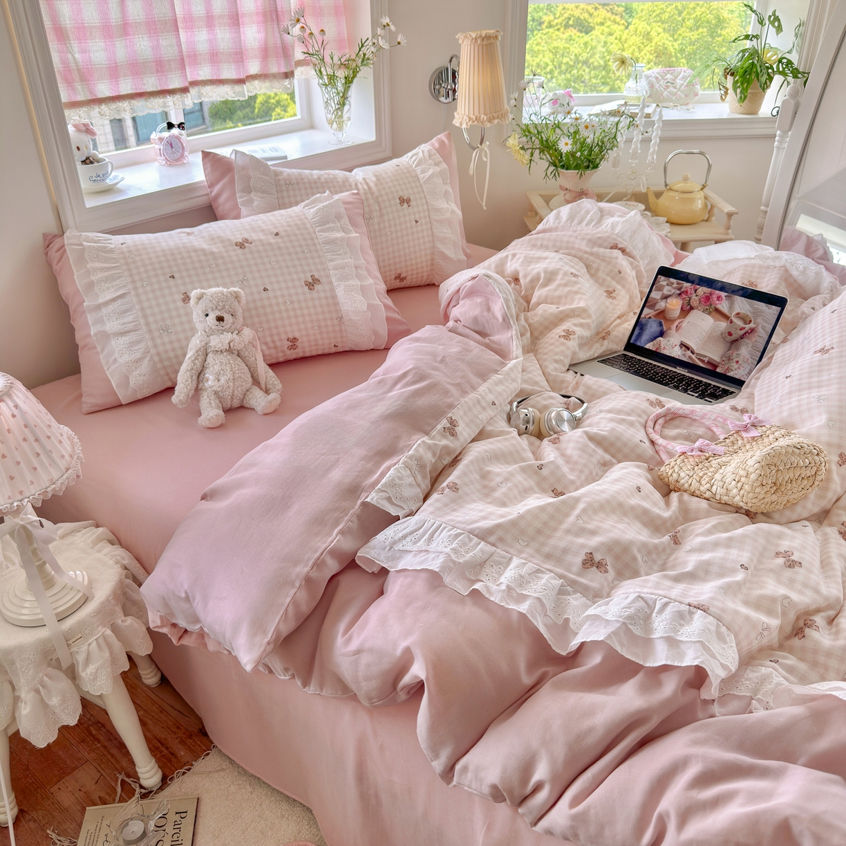 91家纺网 家纺一手货源 找家纺 锦彩家居 2026新款A类全棉纯棉双层纱韩式花边款小清新四件套INS小红书博主风提供买家秀 泡芙公主