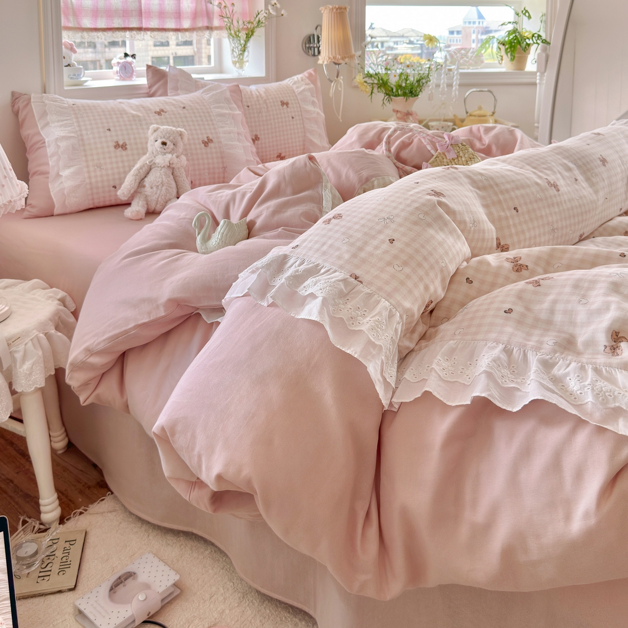 91家纺网 家纺一手货源 找家纺 锦彩家居 2026新款A类全棉纯棉双层纱韩式花边款小清新四件套INS小红书博主风提供买家秀 泡芙公主