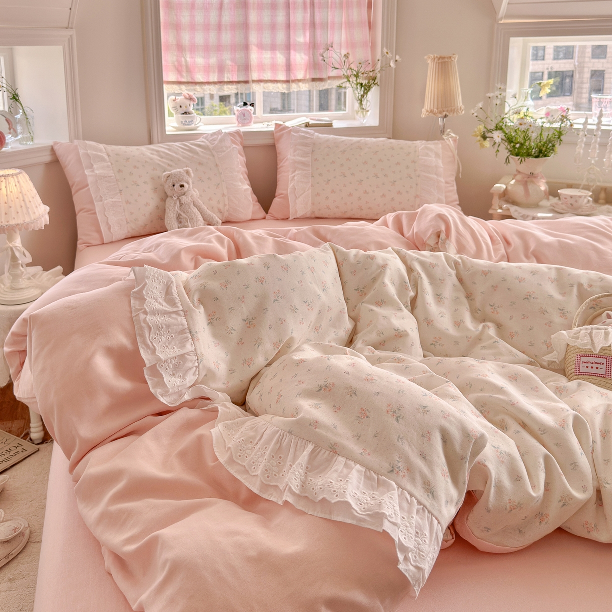 91家纺网 家纺一手货源 找家纺 锦彩家居 2026新款A类全棉纯棉双层纱韩式花边款小清新四件套INS小红书博主风提供买家秀 花漾浅梦