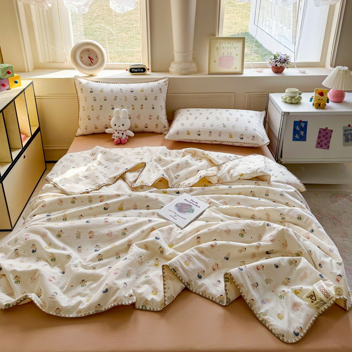 晚爱家纺（原晚安家居） 2026新款云感双层纱三角针夏被母婴级夏凉被贝壳边贝壳绣空调被四件套 兔子集合