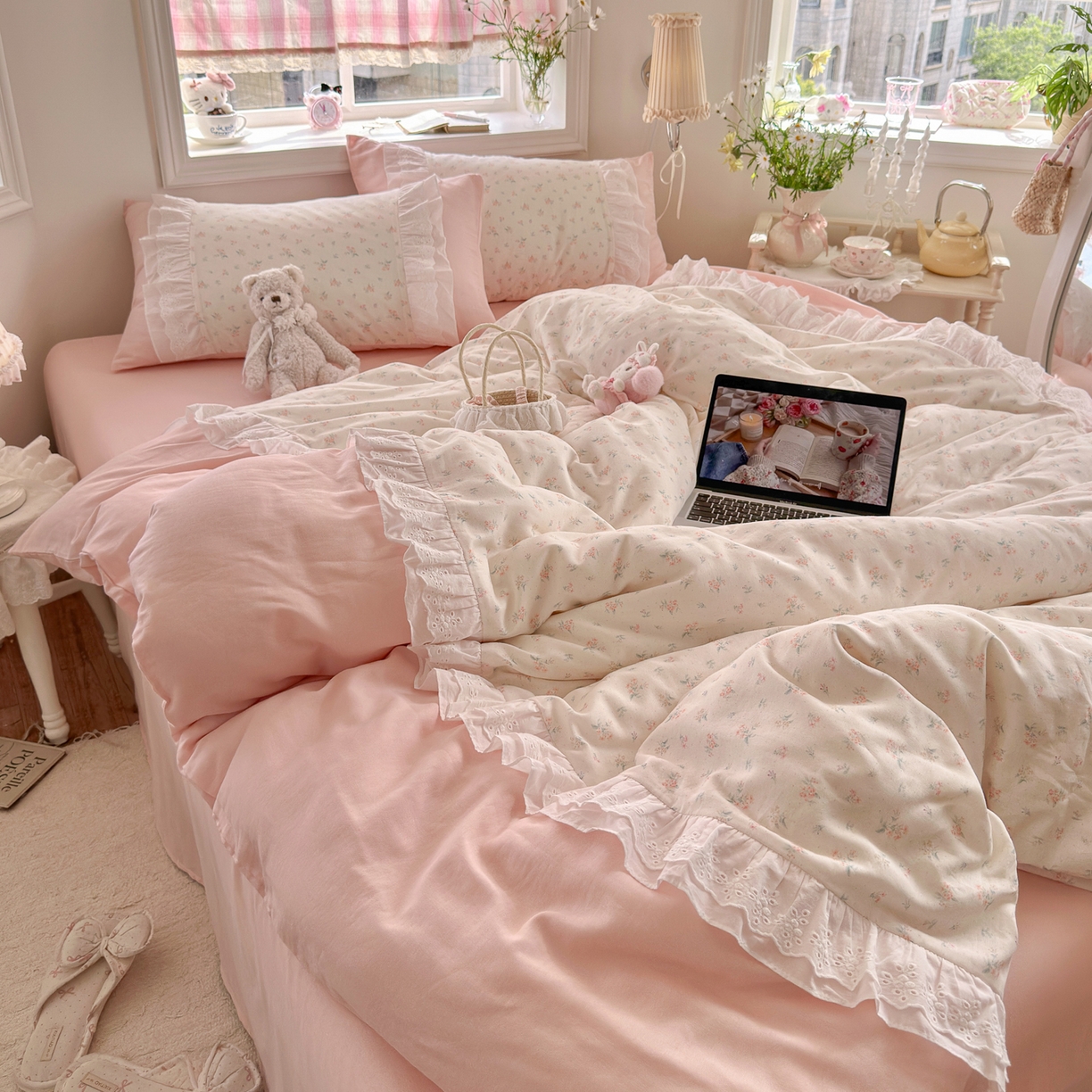 锦彩家居 2026新款A类全棉纯棉双层纱韩式花边款小清新四件套INS小红书博主风提供买家秀 花漾浅梦