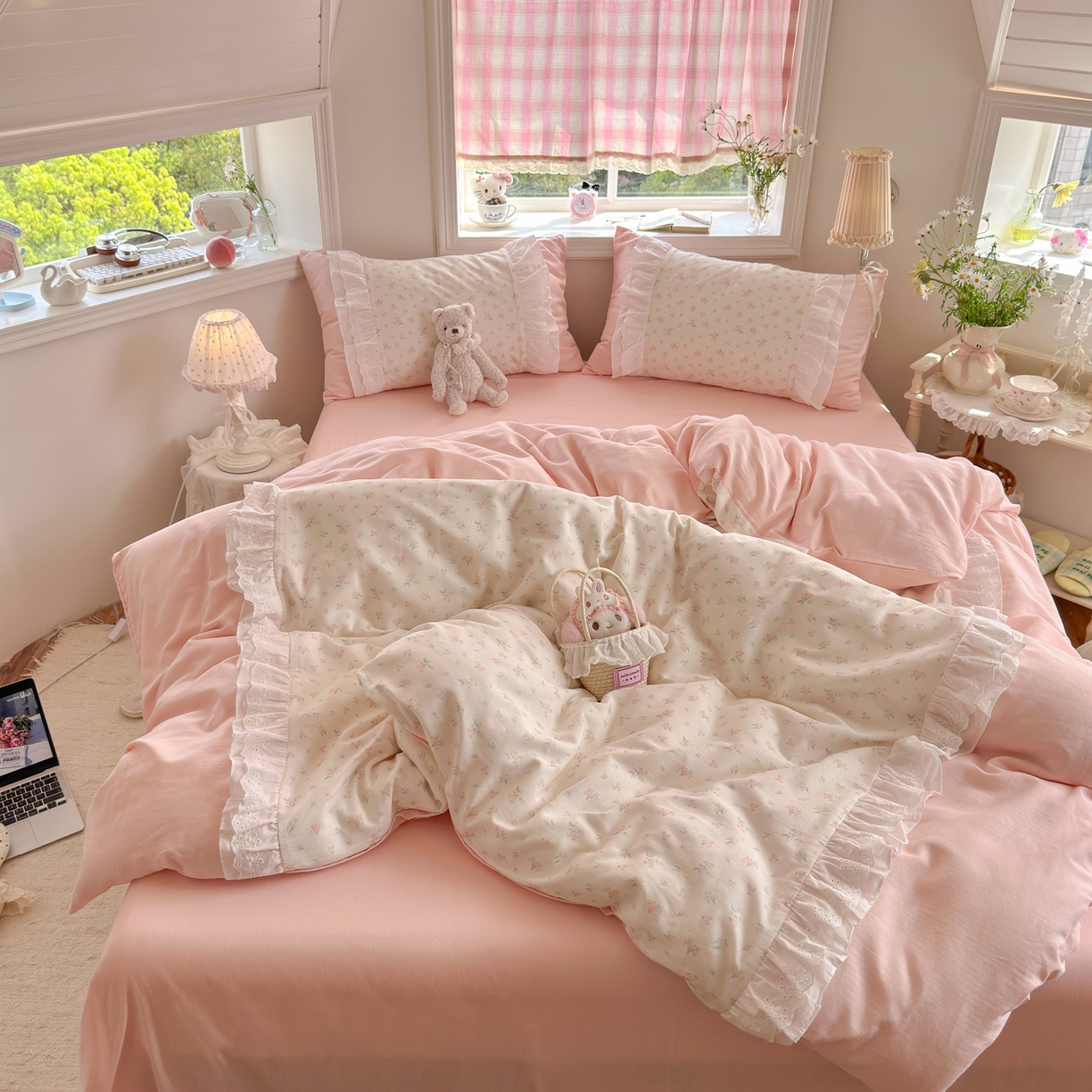 91家纺网 家纺一手货源 找家纺 锦彩家居 2026新款A类全棉纯棉双层纱韩式花边款小清新四件套INS小红书博主风提供买家秀 花漾浅梦