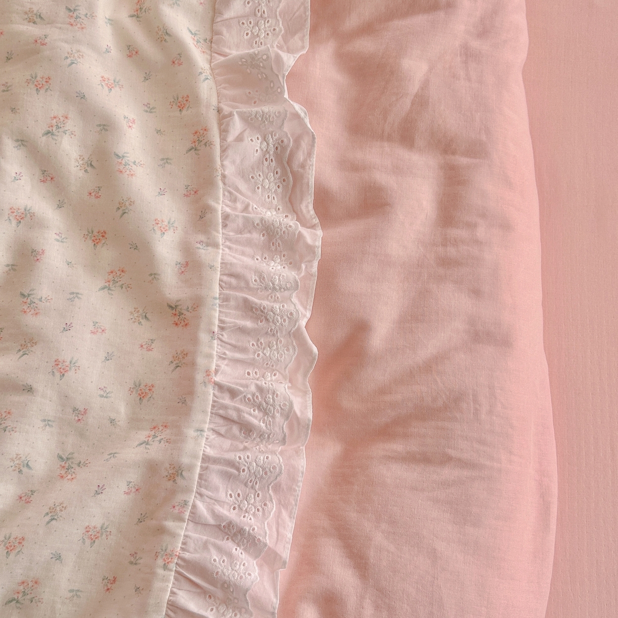 91家纺网 家纺一手货源 找家纺 锦彩家居 2026新款A类全棉纯棉双层纱韩式花边款小清新四件套INS小红书博主风提供买家秀 花漾浅梦