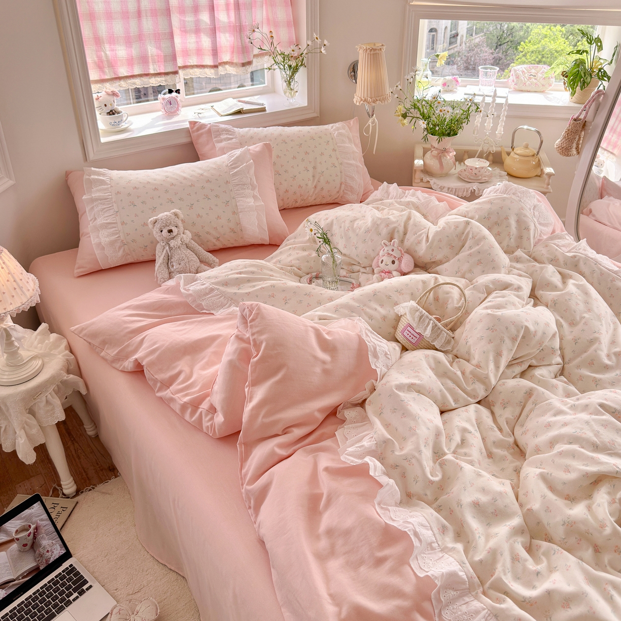 91家纺网 家纺一手货源 找家纺 锦彩家居 2026新款A类全棉纯棉双层纱韩式花边款小清新四件套INS小红书博主风提供买家秀 花漾浅梦