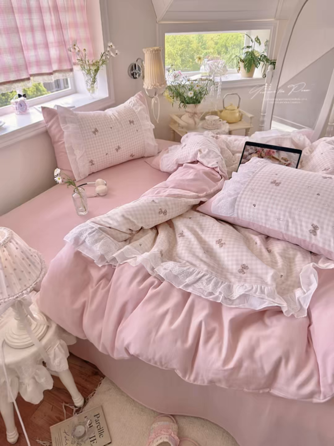 91家纺网 家纺一手货源 找家纺 锦彩家居 2026新款A类全棉纯棉双层纱韩式花边款小清新四件套INS小红书博主风提供买家秀 泡芙公主