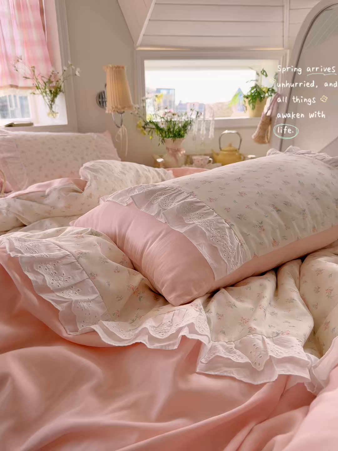 91家纺网 家纺一手货源 找家纺 （总）锦彩家居 2026新款A类全棉纯棉双层纱韩式花边款小清新四件套INS小红书博主风提供买家秀