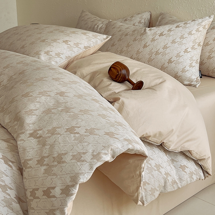 小懒猪 2026新款棉麻立体提花四件套 棉麻千鸟格