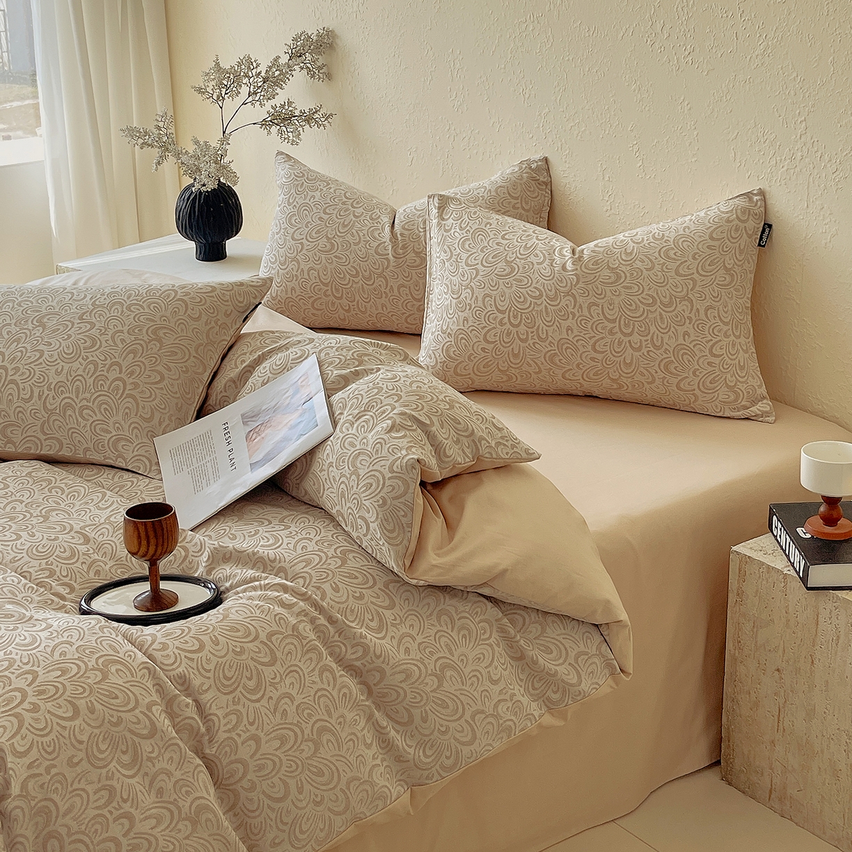 91家纺网 家纺一手货源 找家纺 小懒猪 2026新款棉麻立体提花四件套 棉麻凤尾花