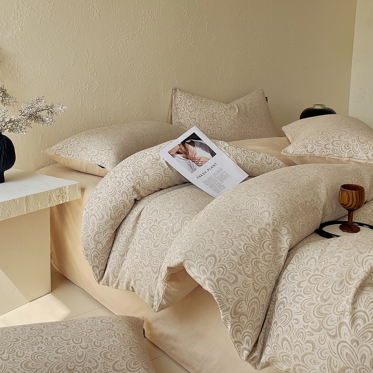 91家纺网 家纺一手货源 找家纺 小懒猪 2026新款棉麻立体提花四件套 棉麻凤尾花