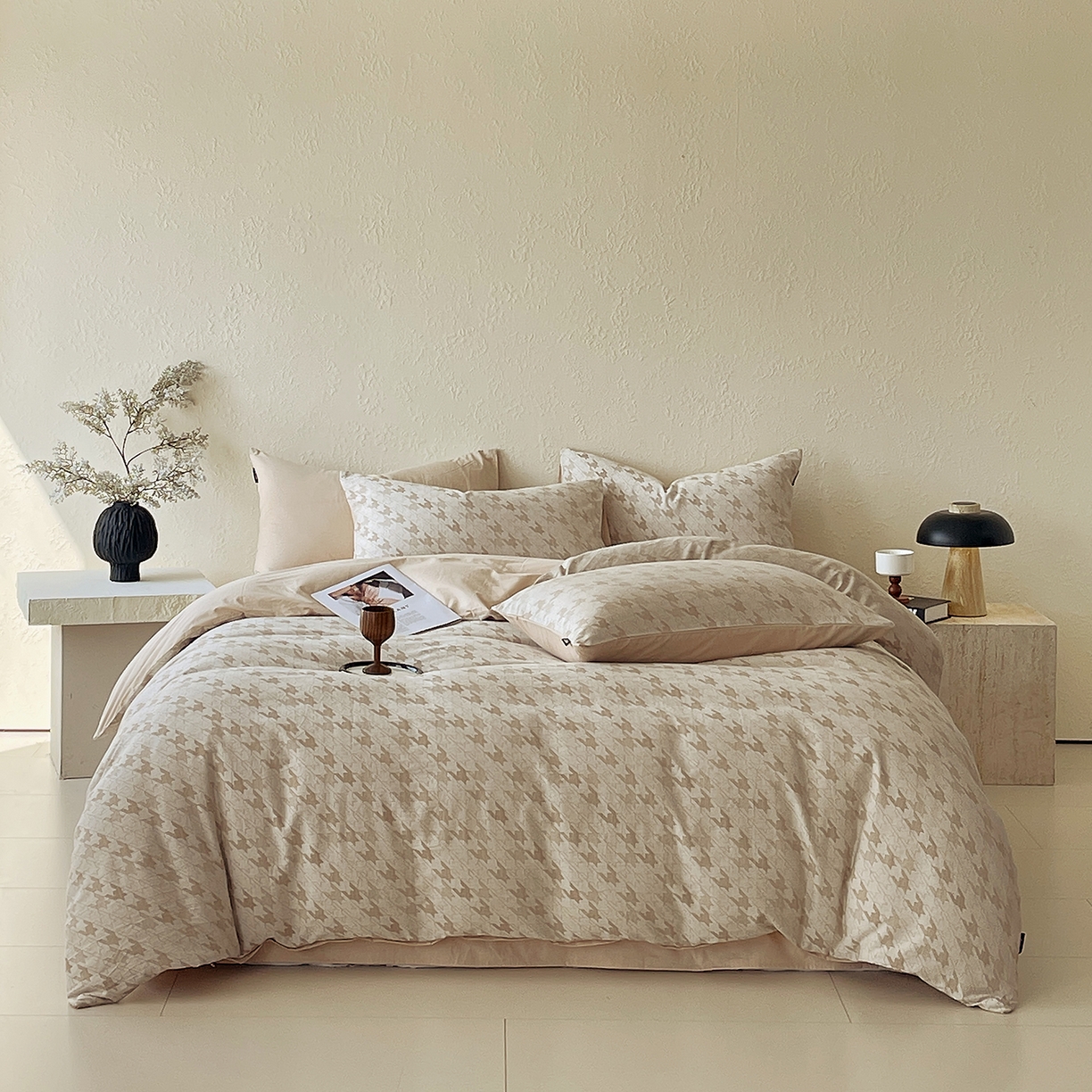 91家纺网 家纺一手货源 找家纺 小懒猪 2026新款棉麻立体提花四件套 棉麻千鸟格