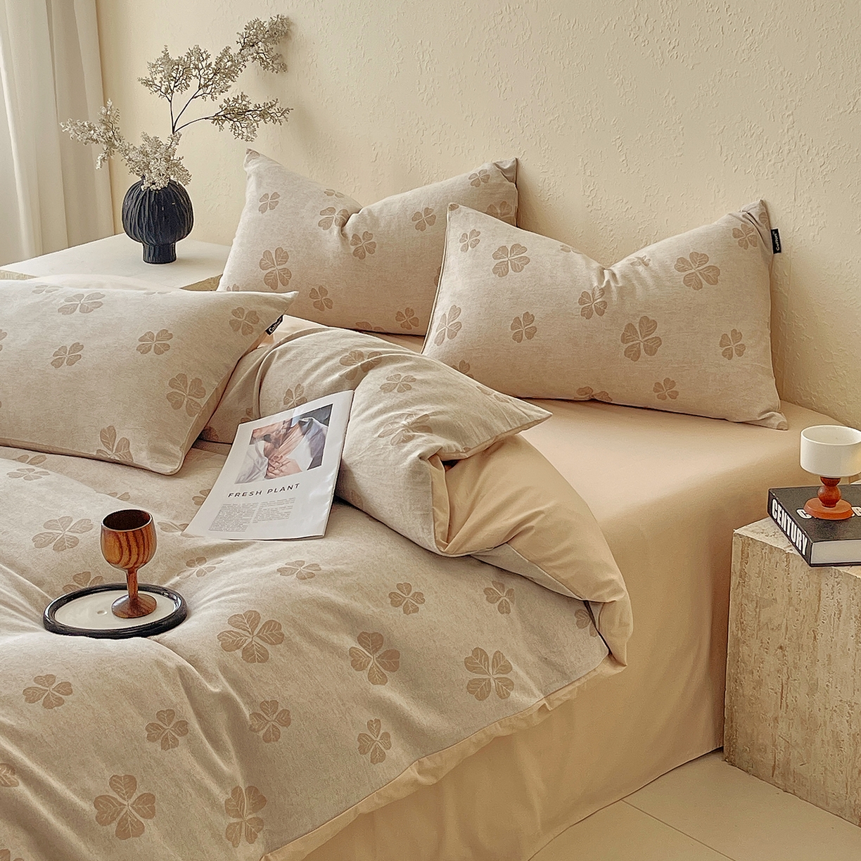 91家纺网 家纺一手货源 找家纺 小懒猪 2026新款棉麻立体提花四件套 棉麻幸运草