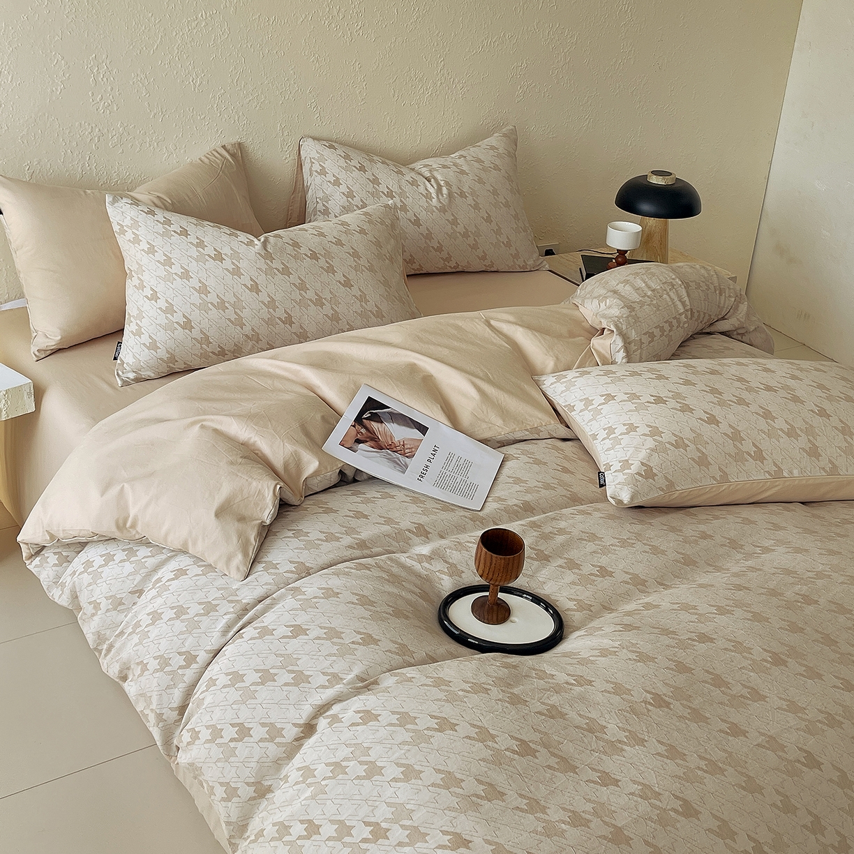 91家纺网 家纺一手货源 找家纺 小懒猪 2026新款棉麻立体提花四件套 棉麻千鸟格