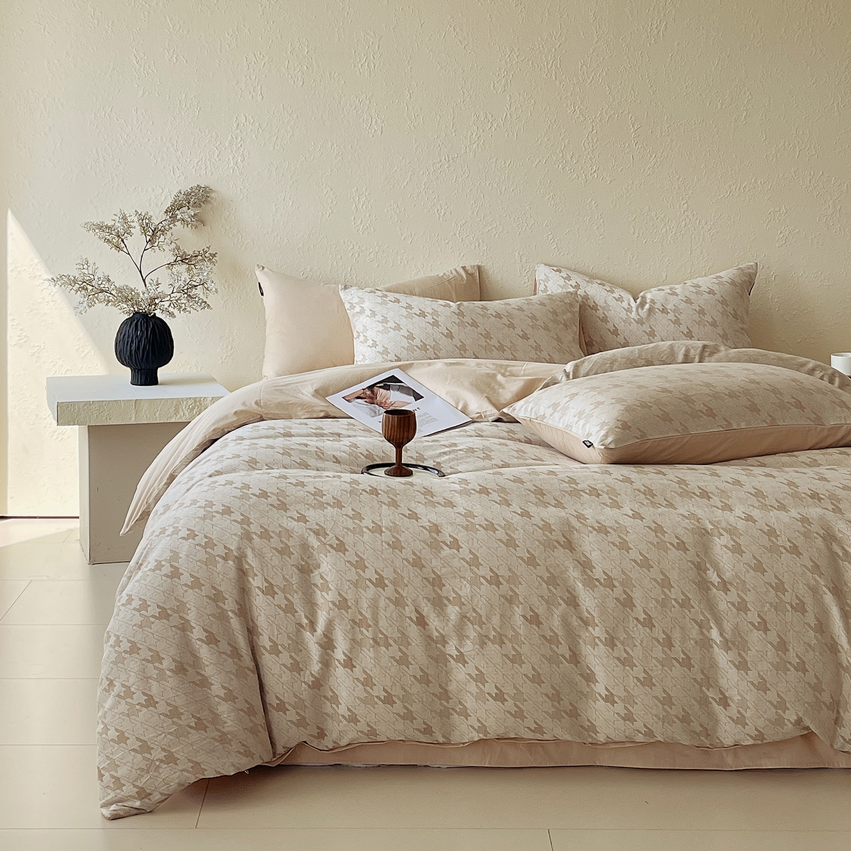 91家纺网 家纺一手货源 找家纺 小懒猪 2026新款棉麻立体提花四件套 棉麻千鸟格