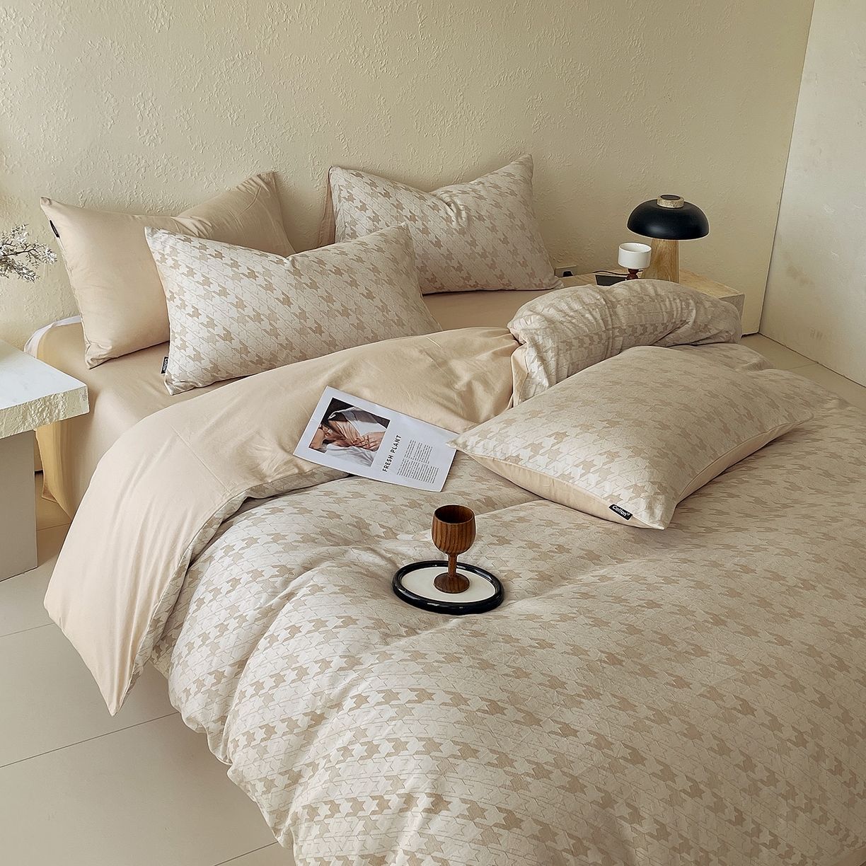 91家纺网 家纺一手货源 找家纺 小懒猪 2026新款棉麻立体提花四件套 棉麻千鸟格