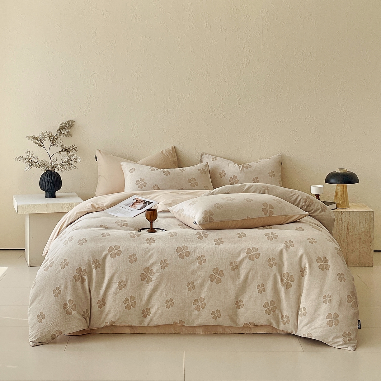 91家纺网 家纺一手货源 找家纺 小懒猪 2026新款棉麻立体提花四件套 棉麻幸运草