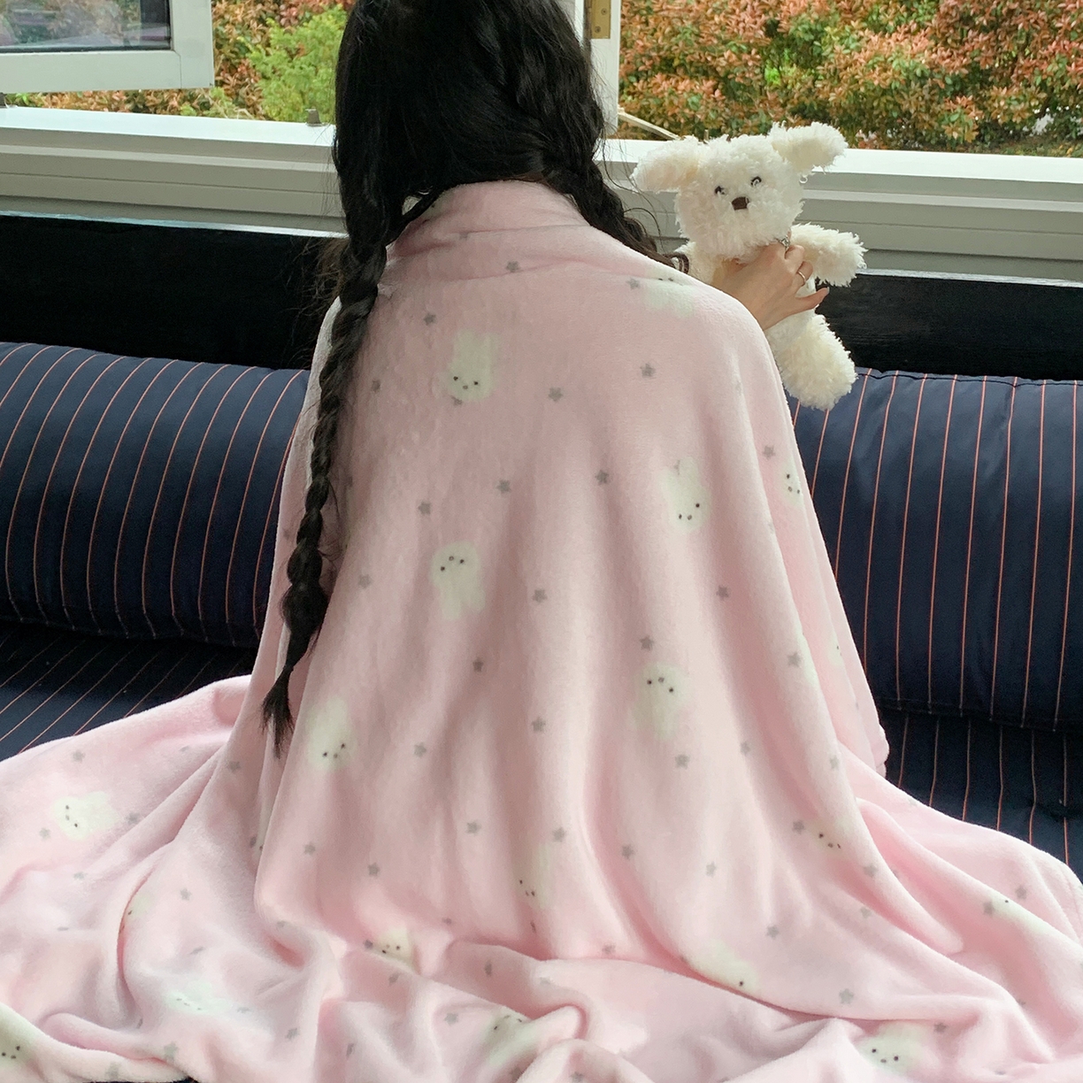 91家纺网 家纺一手货源 找家纺 桃喜 2026新款330g双面印花牛奶绒毛毯毯子 粉色星星兔