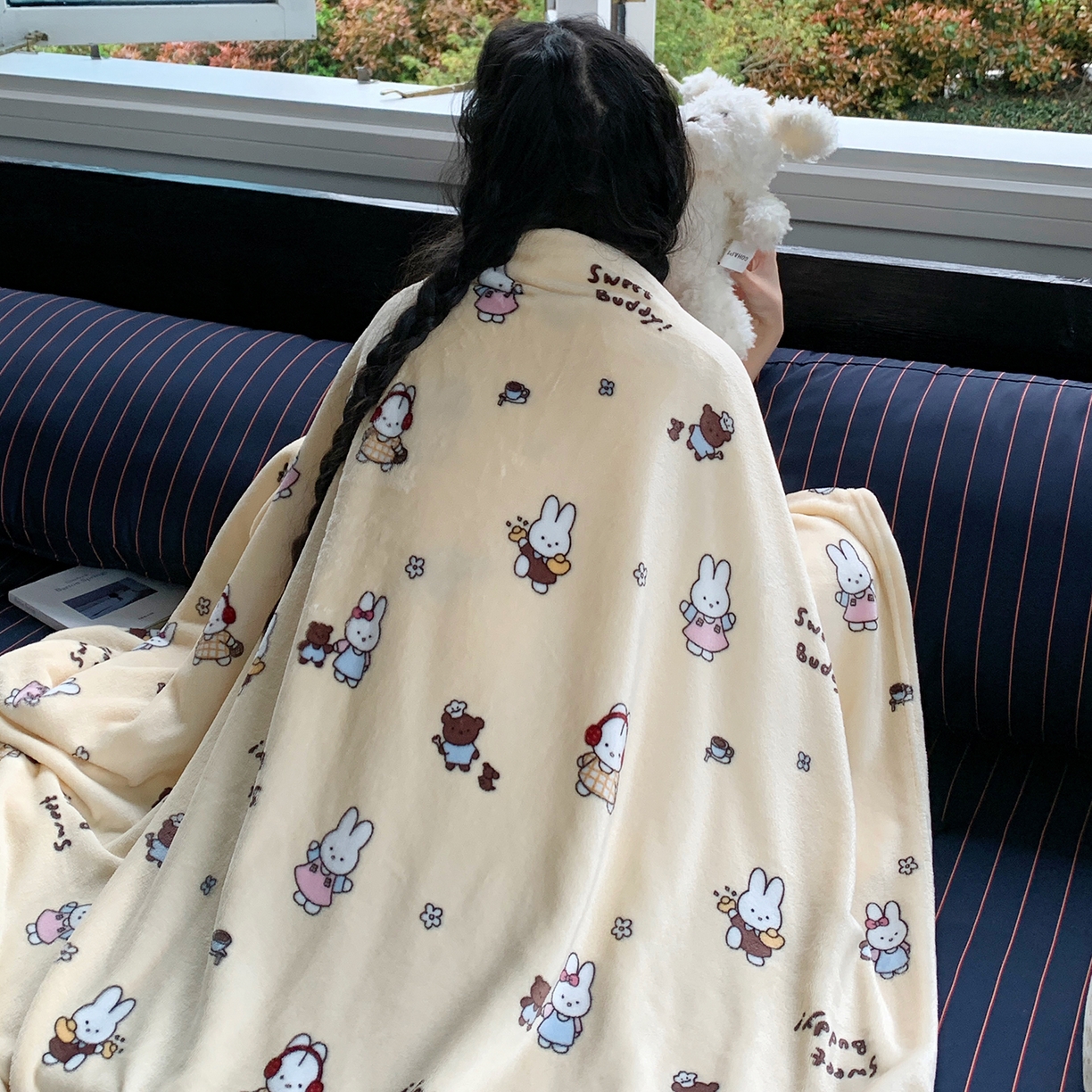 91家纺网 家纺一手货源 找家纺 桃喜 2026新款330g双面印花牛奶绒毛毯毯子 奶黄元气兔兔