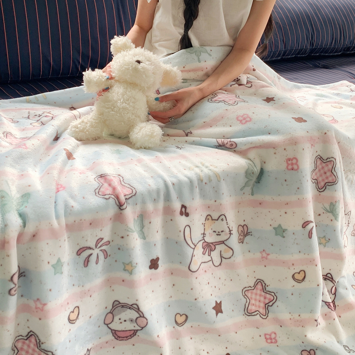 91家纺网 家纺一手货源 找家纺 桃喜 2026新款330g双面印花牛奶绒毛毯毯子 马卡龙猫咪