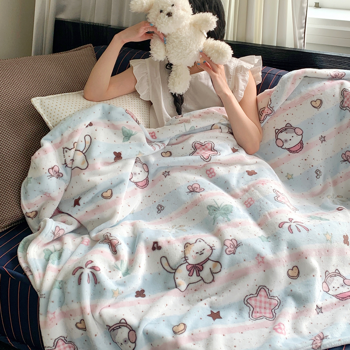 91家纺网 家纺一手货源 找家纺 桃喜 2026新款330g双面印花牛奶绒毛毯毯子 马卡龙猫咪