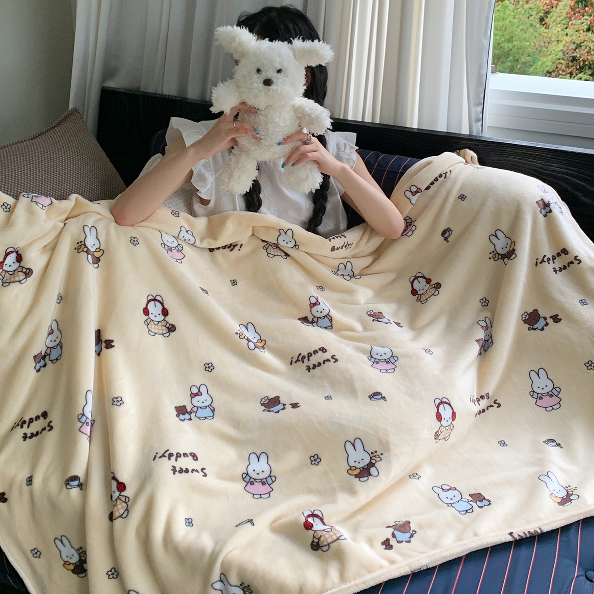 91家纺网 家纺一手货源 找家纺 桃喜 2026新款330g双面印花牛奶绒毛毯毯子 奶黄元气兔兔