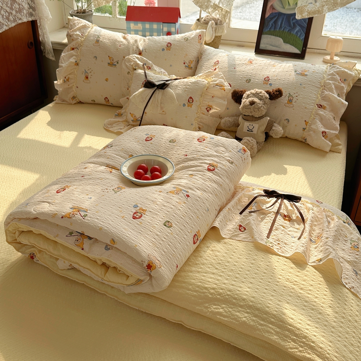 栩裕纺织 2026新款提花泡芙棉立体花边简约韩系夏被-夏被三件套四件套 奶油庄园