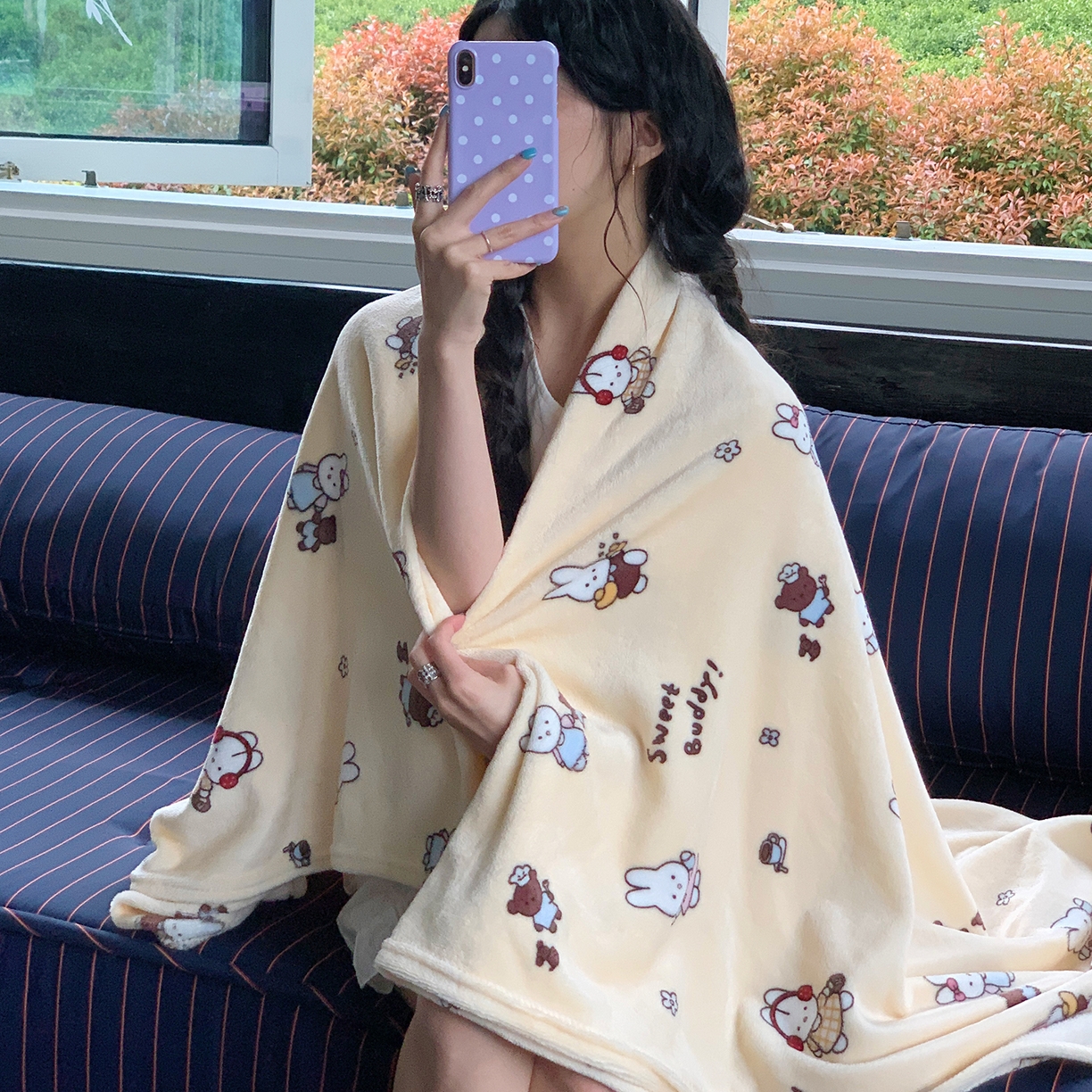 91家纺网 家纺一手货源 找家纺 桃喜 2026新款330g双面印花牛奶绒毛毯毯子 奶黄元气兔兔