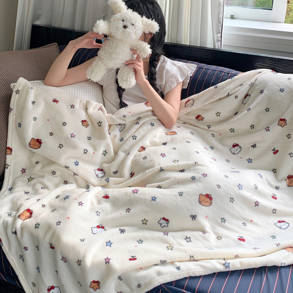 91家纺网 家纺一手货源 找家纺 桃喜 2026新款330g双面印花牛奶绒毛毯毯子 星星猫咪