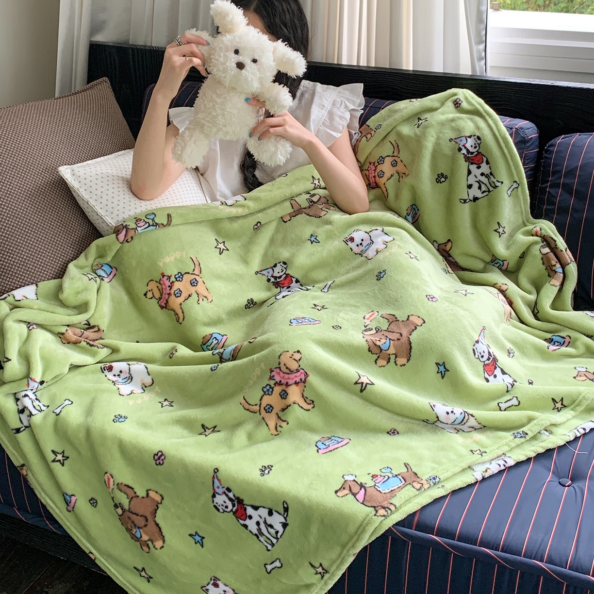 91家纺网 家纺一手货源 找家纺 桃喜 2026新款330g双面印花牛奶绒毛毯毯子 抹茶小狗日记