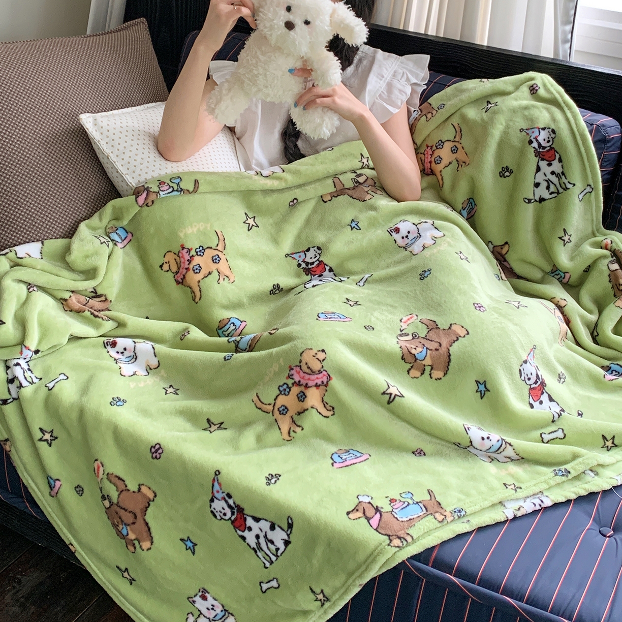 91家纺网 家纺一手货源 找家纺 桃喜 2026新款330g双面印花牛奶绒毛毯毯子 抹茶小狗日记