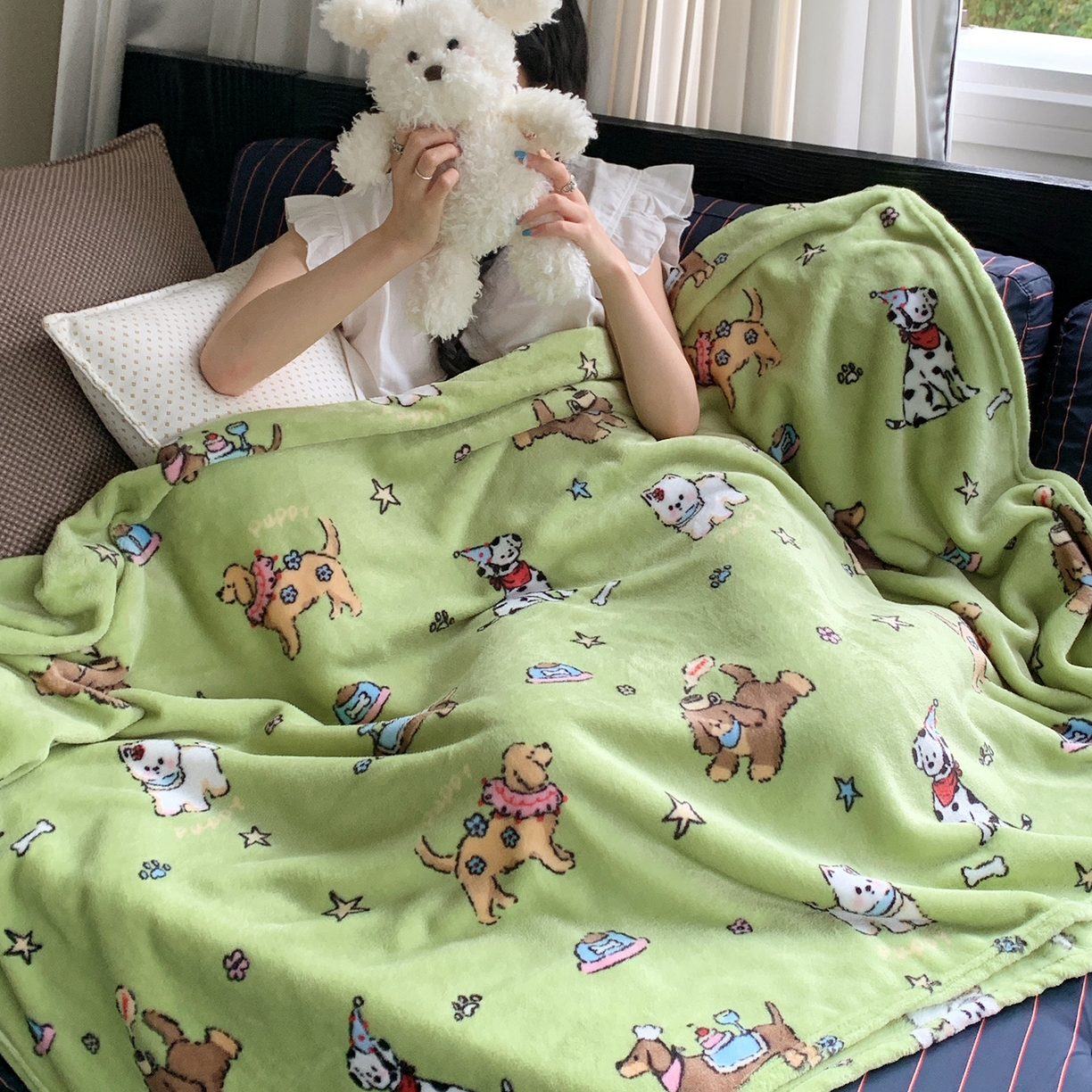 91家纺网 家纺一手货源 找家纺 桃喜 2026新款330g双面印花牛奶绒毛毯毯子 抹茶小狗日记