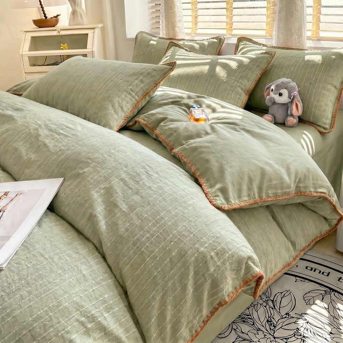 91家纺网 家纺一手货源 找家纺 （总）韩秀家纺 2026新款阳离子贝壳绣四件套亚麻风双层纱色织提花四件套