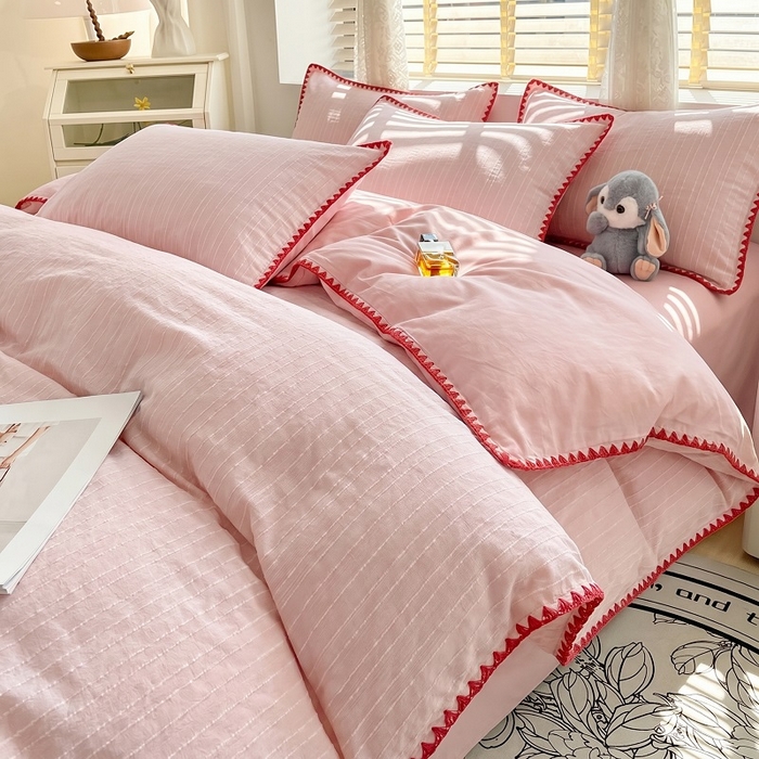 91家纺网 家纺一手货源 找家纺 （总）韩秀家纺 2026新款阳离子贝壳绣四件套亚麻风双层纱色织提花四件套