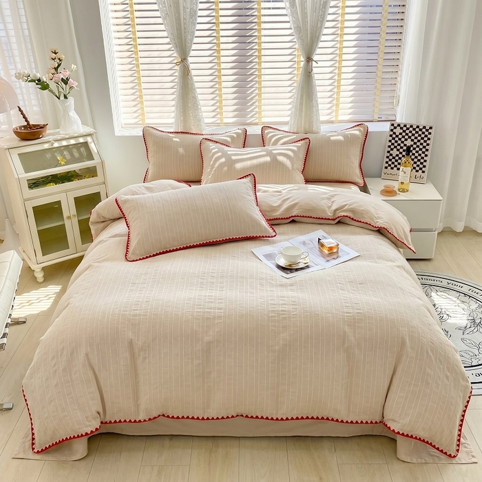 91家纺网 家纺一手货源 找家纺 韩秀家纺 2026新款阳离子贝壳绣四件套亚麻风双层纱色织提花四件套 可可奶咖