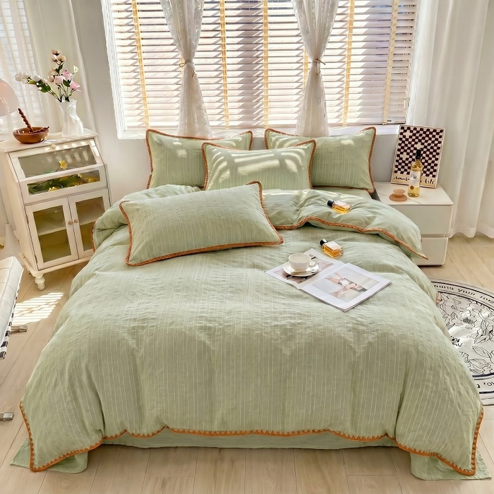 91家纺网 家纺一手货源 找家纺 韩秀家纺 2026新款阳离子贝壳绣四件套亚麻风双层纱色织提花四件套 可可青果绿