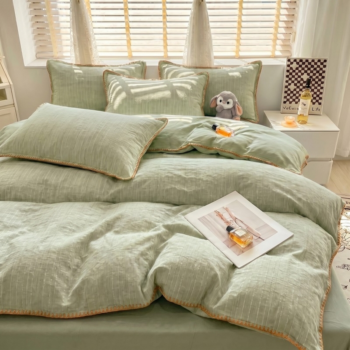 91家纺网 家纺一手货源 找家纺 韩秀家纺 2026新款阳离子贝壳绣四件套亚麻风双层纱色织提花四件套 可可青果绿