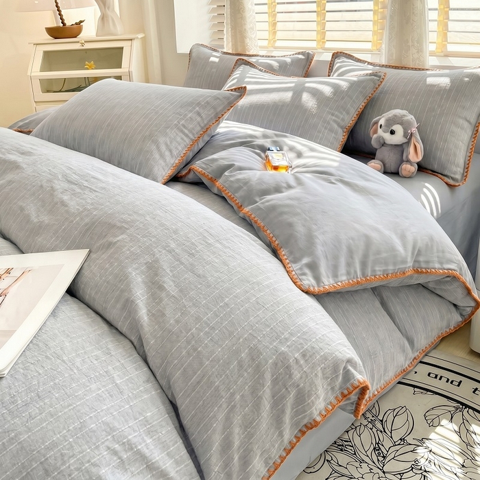 韩秀家纺 2026新款阳离子贝壳绣四件套亚麻风双层纱色织提花四件套 可可高雅灰