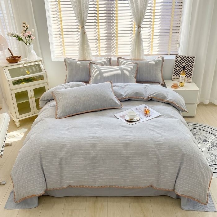 91家纺网 家纺一手货源 找家纺 韩秀家纺 2026新款阳离子贝壳绣四件套亚麻风双层纱色织提花四件套 可可高雅灰