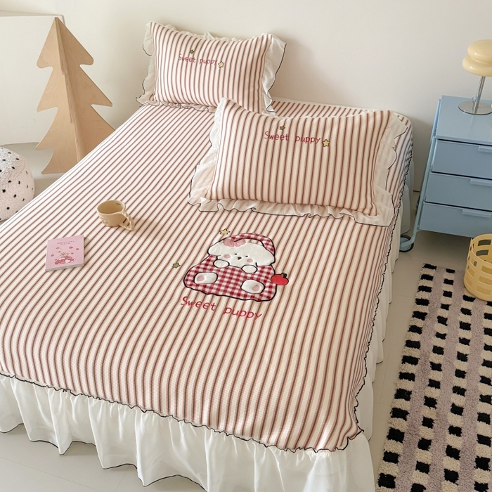 吾欢心 2026新款卡通绣花高克重乙纶PE凉席席子三件套床裙款 口袋小狗