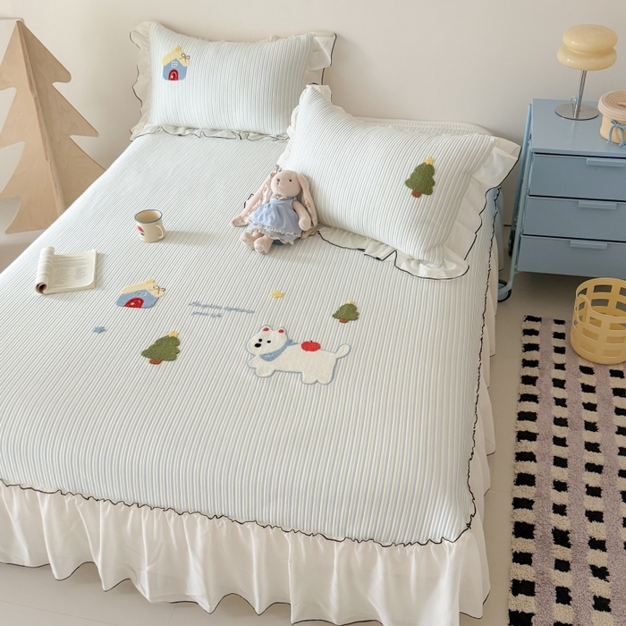 吾欢心 2026新款卡通绣花高克重乙纶PE凉席席子三件套床裙款 童趣时光